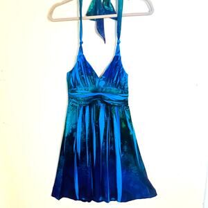 City Triangles Halter Dress Small Blue Green Paisley Empire Waist Y2K Resort